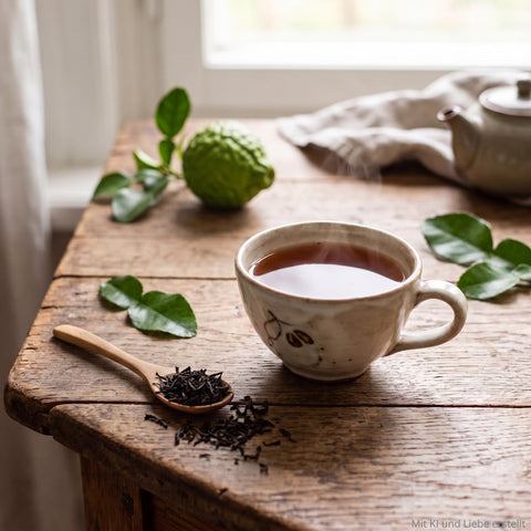 Eine Teetasse auf dem Holztisch.