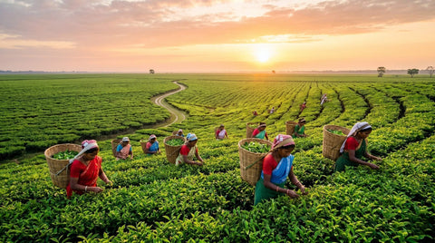 Weite, grüne Teefelder in Assam bei Sonnenaufgang, Pflücker:innen zwischen den Teesträuchern