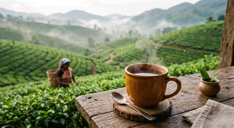 Eine Dampfende Tasse Assamtee. Im Hintergrund sieht man einen Teegarten in Assam