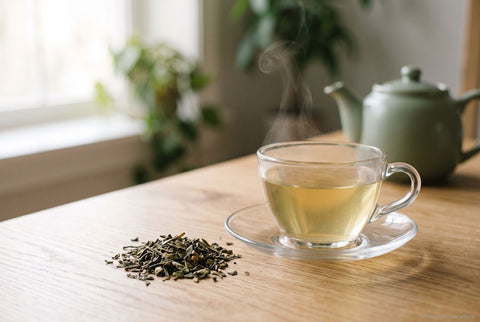 Hellgoldener Darjeeling First Flush in einer Glastasse neben losen Teeblättern