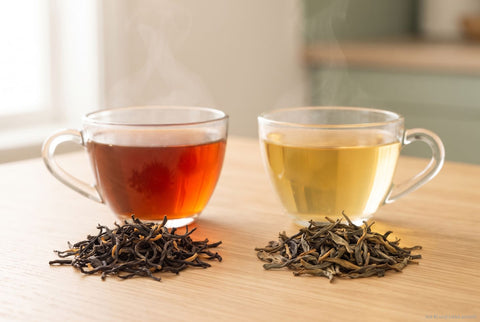 Eine Tasse Assam und eine Tasse grüner Darjeeling nebeneinander, davor die trockenen Teeblätter