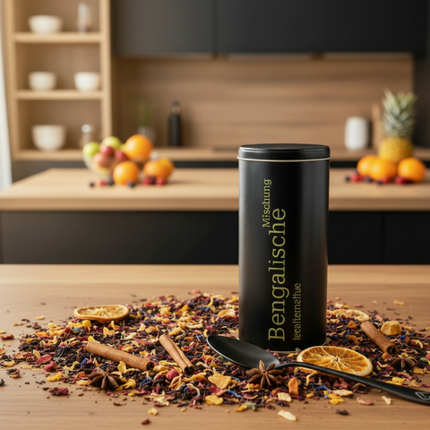 Schwarze Teedose mit Deckel, Aufdruck „Bengalische“ auf Zylinder