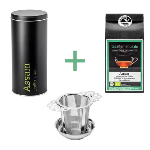 Assam-Tee-Set: schwarze Dose mit Siebfilter-Einsatz und Assam-Tee-Päckchen