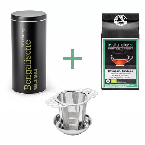 Bio Tee-Entdecker-Set Bengalische Mischung: Teedose, Filter und Teebeutel-Packung