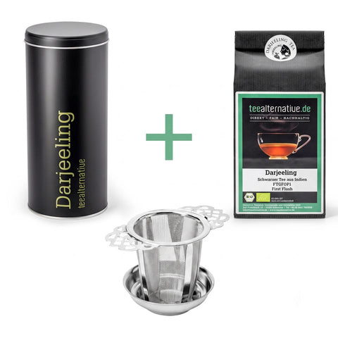 Tee-Entdecker-Set Darjeeling mit Aufgusseinsatz und schwarzer Dose