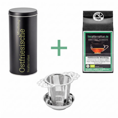 Bio-Tee-Entdecker-Set: schwarze Dose, Teefilter und Ostfriesische-Mischung-Tee
