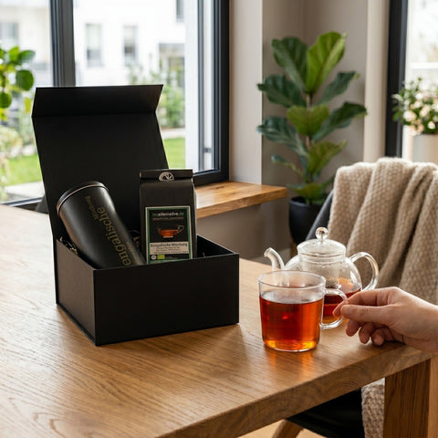 Schwarze Geschenkbox mit Teedosen und Teebeuteln, offen auf dem Tisch mit Tasse