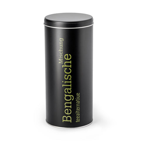 Schwarze Teedose mit Deckel, Aufdruck „Bengalische“ auf dem Zylinder