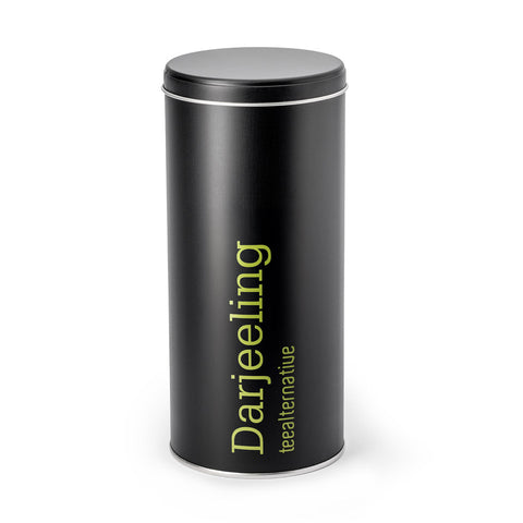 Schwarze Teedose mit Deckel, Aufdruck „Darjeeling“ auf dem Zylinder