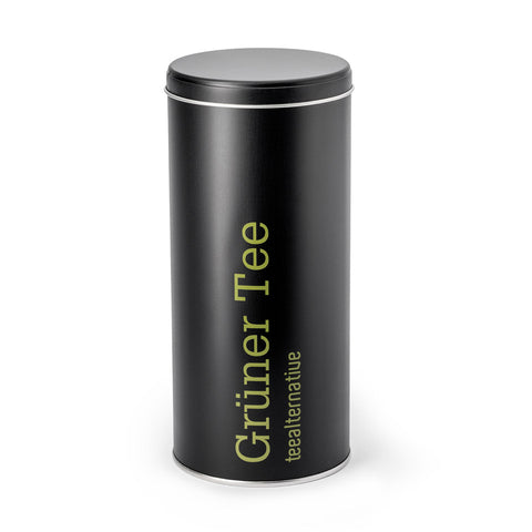 Schwarze Teedose mit Deckel, Aufdruck „Grüner Tee“ auf dem Zylinder