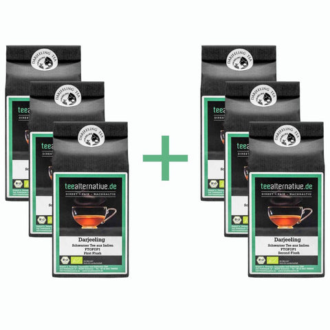 Set aus vier Darjeeling-Tee-Packungen mit schwarzem Beutel und Etikett